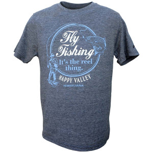 navy heather short sleeve t-shirt with Fly Fishing It's the reel thing. Happy Valley Pennsylvania
